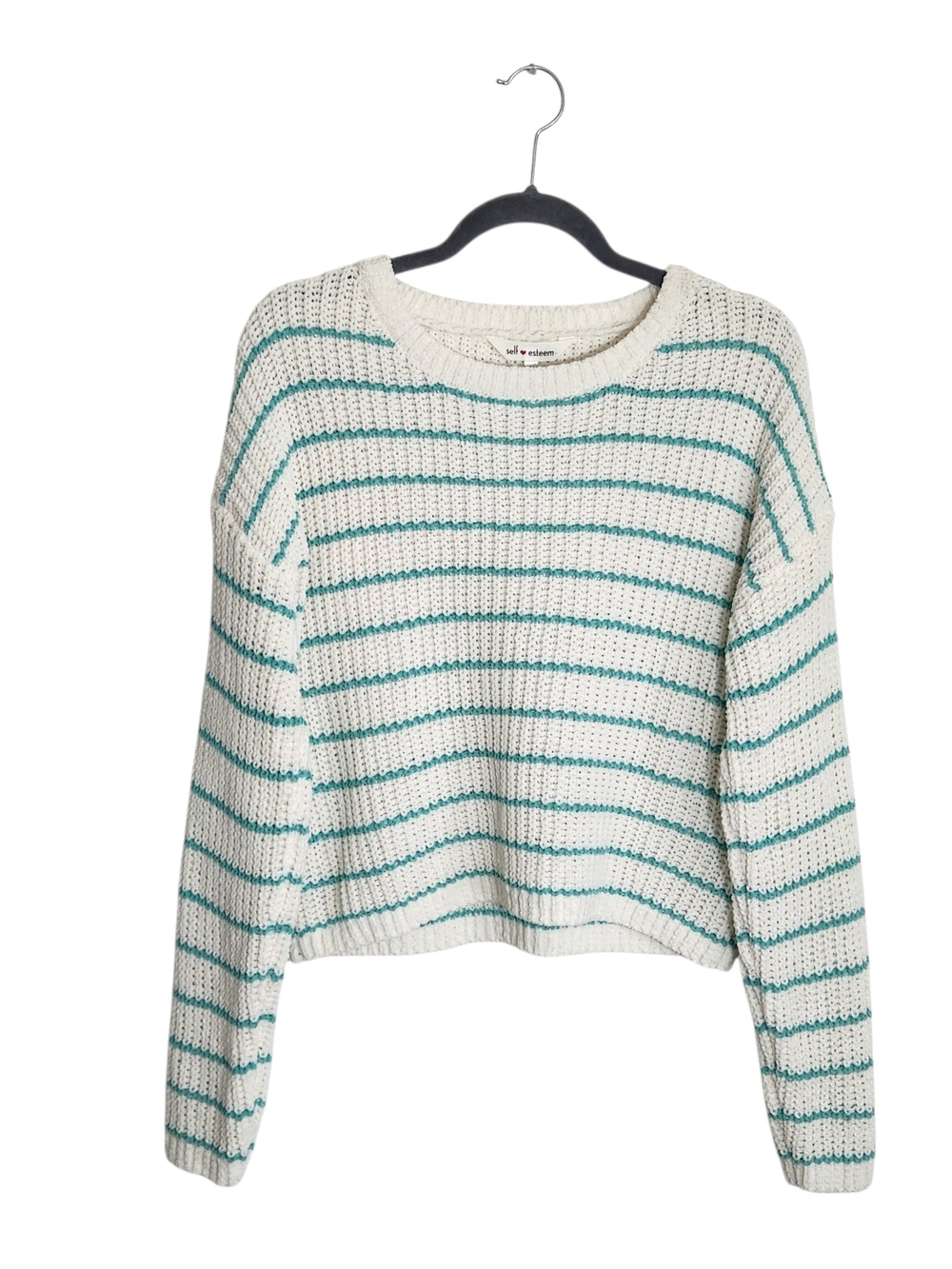 Self Esteem White and Green Striped Chenille Cropped Sweater Size Large NWT